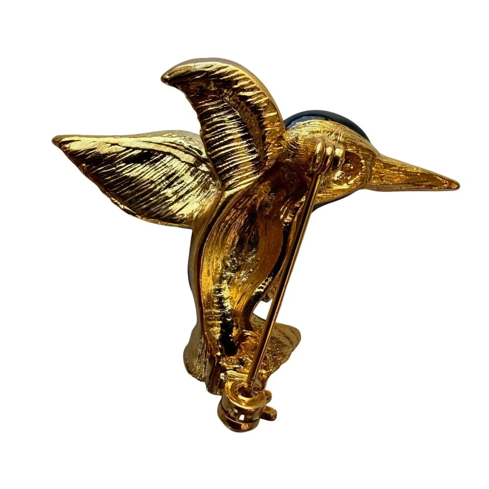 Hummingbird Brooch Enamel‎ Rhinestone Gold Tone Green Black Bird Pin 2 Inch
